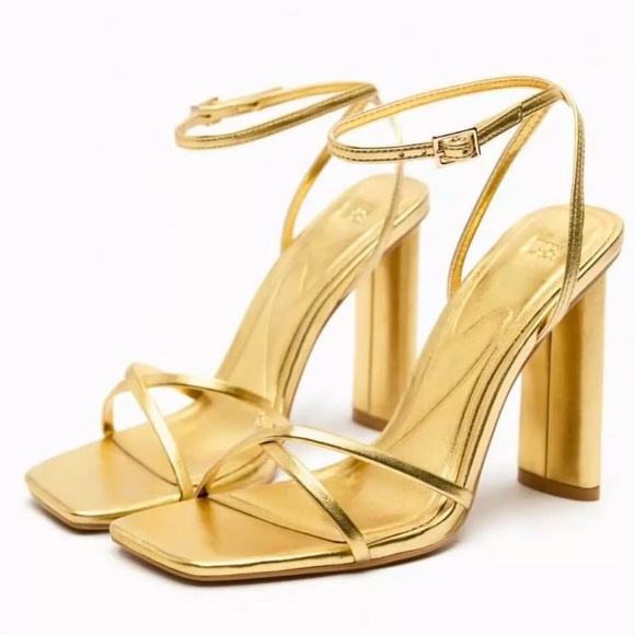 NWOT ZARA Gold Strappy High Heel Sandals - Picture 1 of 7